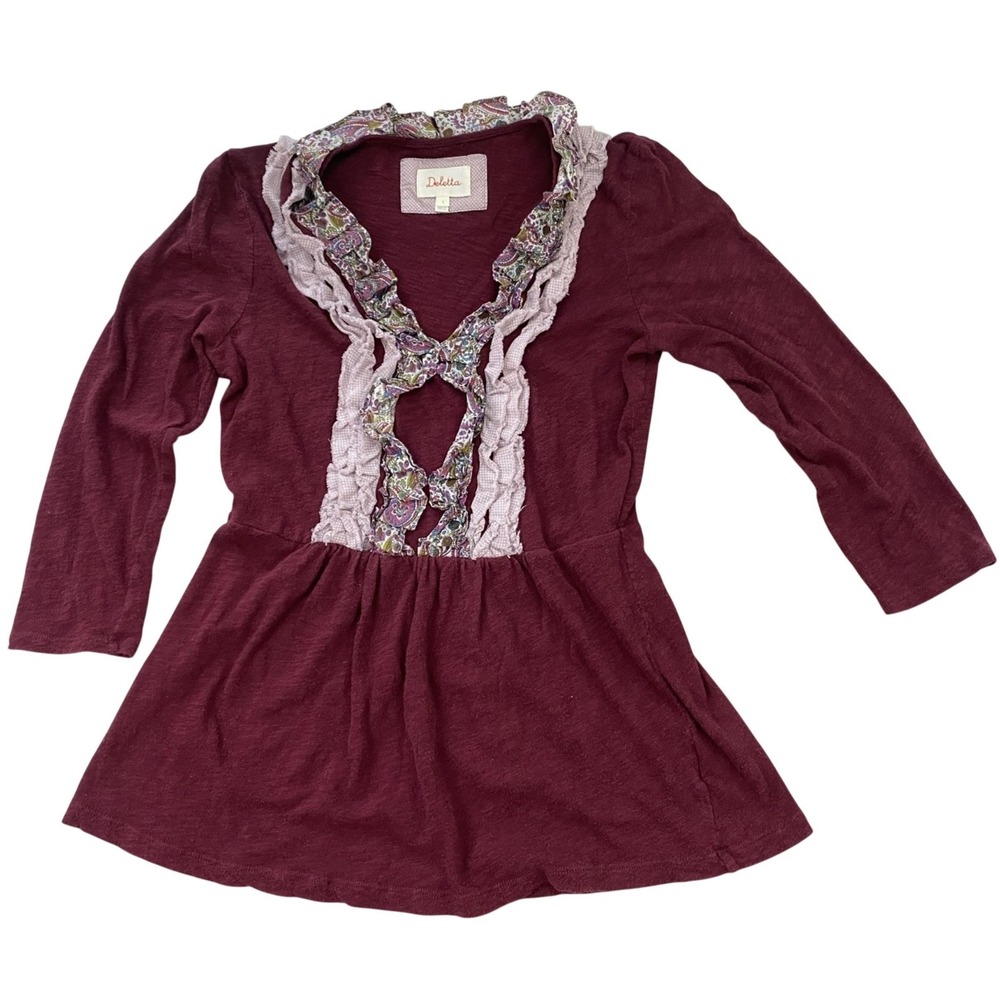 Deletta Top Womens Small Red Paisley Ruffle Romantic Babydoll Anthropologie